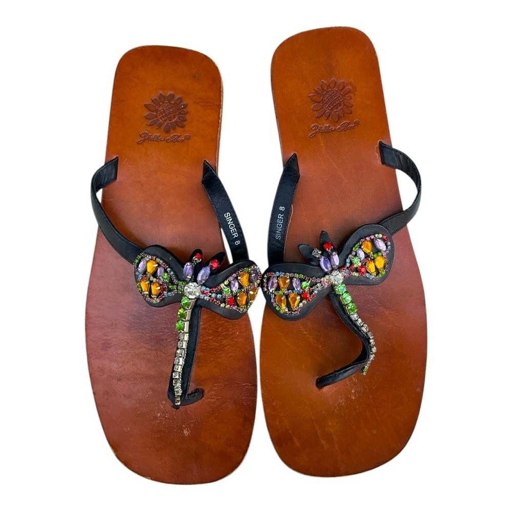 Yellow Box Singer Sandals Flip Flops Thongs Flats Rhinestones Dragonfly Size 8 - Picture 2 of 4